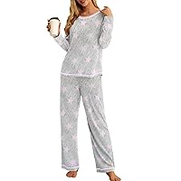 PrinStory Women's Pajama Set 2023 Lounge Sets Long Sleeve Sleepwear Soft 2 Piece Pjs with Pockets