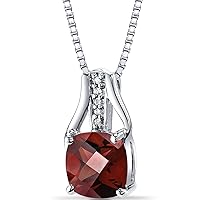 PEORA Garnet and Diamond Pendant for Women 14K White Gold, Genuine Gemstone, 2.50 Carats Cushion Cut 8mm with 18 inch Chain