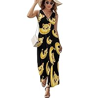Happy Banana Cat Women's Dress V Neck Sleeveless Dress Summer Casual Sundress Loose Maxi Dresses for Beach