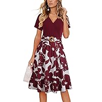 Women's Elegant Criss-Cross V Neck Vintage Short Sleeve Work Casual Fit and Flare Tea Dress with Pockets 980