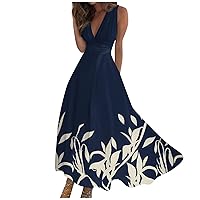 Formal Dresses for Women,Women's Summer Casual Long Maxi Dress Sleeveless V Neck Boho Waist Flower Printed Sundresses