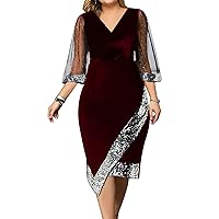 CHICTRY Women's Elegant Velvet Mesh Sleeve Plus Size Midi Dress Sequin Trim Asymmetrical Formal Gown