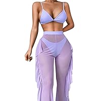 Kaei&Shi Sexy Rave Outfit for Women,Sheer Ruffle Music Festival Pants,3 Piece Swimsuits Cover Up Cow Girl Outfits