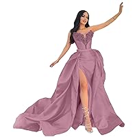 Prom Dresses 2024 Satin Mermaid Evening Dresses with Slit Sparkly Sequin Ball Gowns with Detachable Train Glitter Sexy Party Dress Plus Size Rose Gold