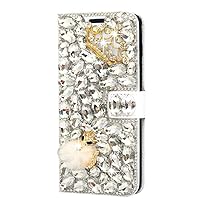 Crystal Wallet Phone Case Compatible with iPhone 15 Pro Max - Crown Fox - White - 3D Handmade Sparkly Glitter Bling Leather Cover with Screen Protector & Beaded Phone Lanyard