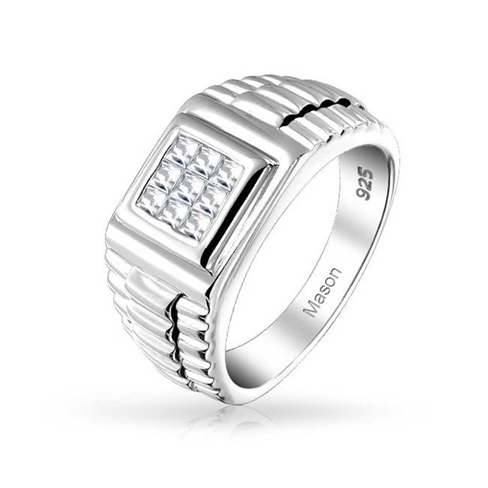 Personalize Invisible Cut AAA CZ Geometric Square Side Watch Band Design Accent Statement Men's Engagement Ring Pinky Ring Unisex Women Plus Size .925 Sterling Silver Customizable