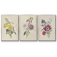 Renditions Gallery Canvas Floral 3 Piece Wall Art Silver Floater Framed Prints Antique Colorful Flowers Bouquet Abstract Wall Hanging Artwork for Bedroom Office Kitchen - 24