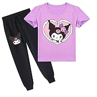 Kuromi Graphic Clothes Set Crewneck Tee Shirt and Jogging Pants Short Sleeve Pullover Tops for Kid Girls