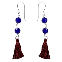 Silvesto India 925 Sterling Silver With Blue Quartz Wire Wrapped Fish Hook-Handmade Jewelry Manufacturer,Dangle Tassel Earring Jaipur Rajasthan India Length-6.3 cm