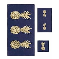 Yellow Pineapple Bath Towels Set of 3 with Bath Towel Hand Towel Washcloth, Summer Fruits Navy Blue Towel Sets for Bathroom/Kitchen/Beach, Soft Absorbent Luxury Bath Towels