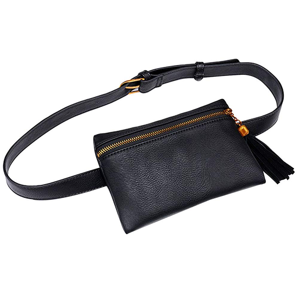 Rebecca Women Girls PU Leather Fanny Pack Casual Waist Bag Tassels Cell Phone Pocket with Removable Belt