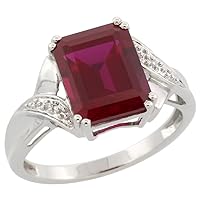 Silver City Jewelry 10k White Gold Diamond Created Ruby Engagement Ring Emerald-cut 10x8mm 7/16 inch wide, size 5-9