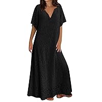 Women's Summer Casual Pleated Maxi Dress 3/4 Sleeve V Neck Solid Color Loose Linen Dresses Sundresses for Women 2024