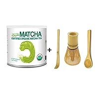 Certified Organic Matcha Green Tea Powder (8 oz TIN CAN) & amboo Matcha Whisk with Bamboo Spoon and Hooked Bamboo Scoop (Chashaku)