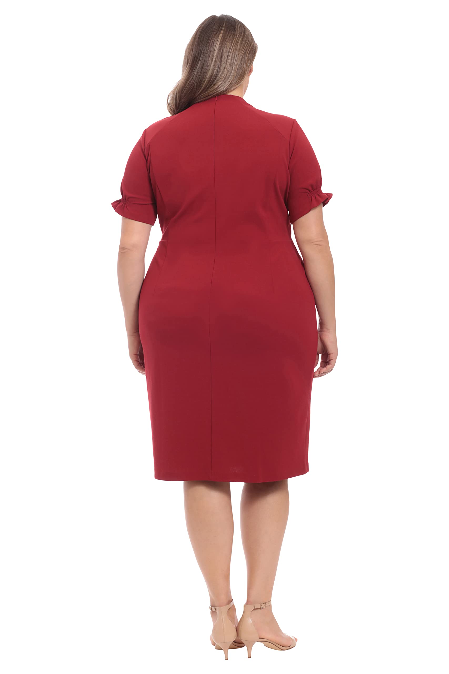 London Times Women's Petite Open Neck Puff Feminine Sleeve Seamed Flattering Sheath Dress