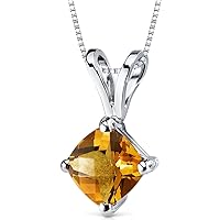 PEORA Solid 14K White Gold Citrine Pendant for Women, Genuine Gemstone Birthstone Classic Solitaire, Cushion Cut, 6mm, 1 Carat total