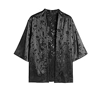 ZAFUL Men's Japanese Kimono Cardigan Silky Satin Rose Printed 3/4 Sleeve Open Front Casual Summer Shirt Jackets