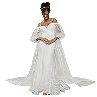Off-Shoulder Lantern Wedding Dress for Bride Lace Mermaid Wedding Dress Bohemian Sheer Sleeve Bridal Gown HD881
