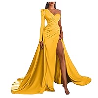 Women's Sexy Elegant One Shoulder Off Shoulder Long Sleeve Floor Length Slit Ruched A-Line Satin Wedding Formal Evening Cocktail Party Prom Gown Mermaid Maxi Long Dress(Yellow S)