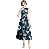 Spring Summer Fall Vintage Floral Print Crew Boat Neck Sleeveless Women Ladies Casual Party Midi Long Maxi Vest Dresses