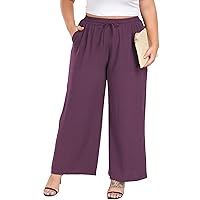 Women's Plus Size Wide Leg Pants Summer Stretchy Drawstring Waist Comfortable Fit Casual Trousers Pants with Pockets