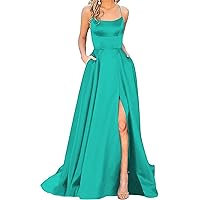 Women's Satin Prom Dresses Long Ball Gown with Slit Backless Spaghetti Straps Halter Formal Evening Party Dress (Turquoise,16 Plus,US,Numeric,16,Regular,Regular)