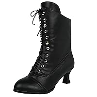 Women Boots Black Sweet Bow Mid Calf Boots Mid Heels Lace Up Studded Bowknot ​Witch Boot