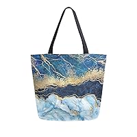 ALAZA Blue Gold Marble Abstract Modern Large Canvas Tote Bag Shopping Shoulder Handbag with Small Zippered Pocket