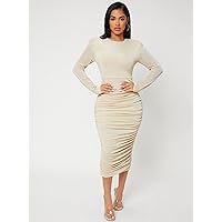 Dresses for Women Solid Ruched Bodycon Dress (Color : Apricot, Size : Medium)