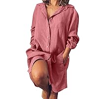 Women's Mid Length Long Spring Dresses 2024 Summer with Pockets Party Solid Long Sleeve Linen Lapel Button Down Y2K