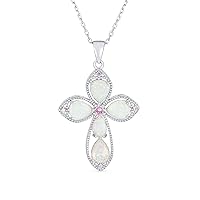 Bling Jewelry Antique Vintage Style Gemstone Pink Accent CZ Blue White Created Opal Christian Eternal Circle Botonee Cross Necklace Pendant For Women Teen .925 Sterling Silver October Birthstone