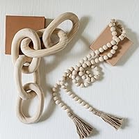 Decorative Wood Chain Link and Bead Garland Set | Hand Carved Pine Wood Chain Decor | Modern Farmhouse Decor Set | Aesthetic Room Decor | Boho Decorations for Living Room Bedroom Entryway | Natural