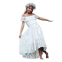 Boho Flower Girl Dresses High Low Off The Shoulder with Sleeves Lace Backless 2023 for Wedding