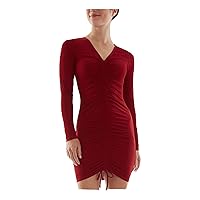 Womens Red Ribbed Tie Adjustable Ruching Center Front Long Sleeve V Neck Short Party Body Con Dress Juniors M