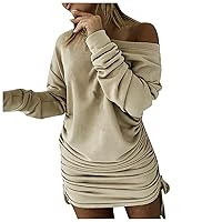 Sweater Dresses for Women 2023 Trendy Solid Color Drawstring Sexy Slim Oblique-Shoulder Sweater Dress