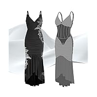 Popilush Corset Dress Maxi Shapewear Dress Deep V Neck Mesh Black Ruched Dress for Women Club Night Out Dress