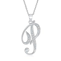 Bling Jewelry ABC Cubic Zirconia Pave CZ Cursive Script Letter Alphabet Initial Pendant Necklace For Teen Women .925 Sterling Silver