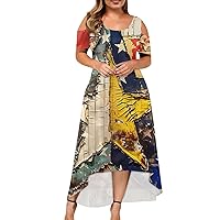Womens Plus Size Dresses 4th of July Outfits for Women American Flag Crew Neck Cold Shoulder Sleeve Flowy Summer Dress