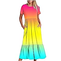 Summer Colorful Tiered Midi Dress Women Casual Short Sleeve Ruffle Dresses with Pockets Crewneck Flowy A-Line Dress