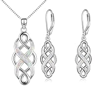 YFN Irish Celtic Knot Created Opal Pendant Necklace Earrings Jewelry Set Infinity Love Sterling Silver CZ Jewelry