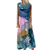 Women's Bohemian Sleeveless Long Flowy Print Beach Round Neck Trendy Glamorous Dress Casual Loose-Fitting Summer Swing