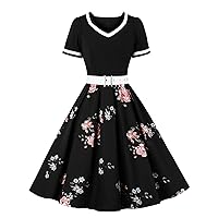 1950s Dress for Women Vintage Rockabilly Short Sleeve Waist-Defined Swing Dress Floral Cocktai Evening Prom Gown