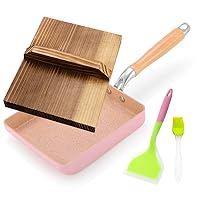 CHUNCIN - Japanese Tamagoyaki Pan, Omelette Pan for Stovetop and Induction Hobs, Non Stick Frying Pan with Wooden Lid and Silicone Turner,Pink
