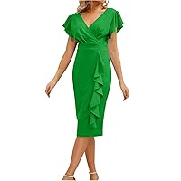 Church Dresses for Women Ruffle Sleeve Bodycon Dress Vintage Work Midi Pencil Dress Solid V Neck Cocktail Party Dress