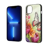 Blue Butterfly and Flowers Printed Case for iPhone 14 Cases 6.1 Inch - Tempered Glass Shockproof Protective Phone Case Cover for iPhone 14,Not Yellowing