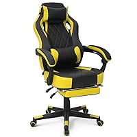 Ergonomic Gaming Chair with Retractable Footrest & Detachable Lumbar Support 360 Degree Swivel Racing Style PU Leather Computer Gaming Chair with Headrest for Home Bedroom Office, Yellow
