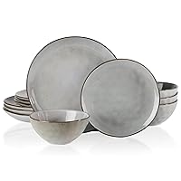 Famiware Dinnerware Sets for 4, Ocean Round 12-Piece Kitchen Plates and Bowls Sets, Reactive Glaze, Microwave and Dishwasher Safe, Scratch Resistant, Grey