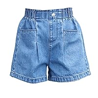 FEESHOW Girls Kids Stretch High Waist Denim Shorts Kids Loose Fit Wide Leg Short Jeans with Pockets for Summer Clothes