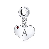 Bling Jewelry Personalized Initial Alphabet A-Z Simulated Red Ruby Crystal Accent Heart Shape Dangle Bead Charm .925 Sterling Silver For Women Teen European Bracelet Customizable