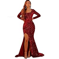 2023 Long Sleeve Sequin Floor Evening Dress Stretch Velvet Square Neck Mermaid Prom Slit Party Engagement Sparkly